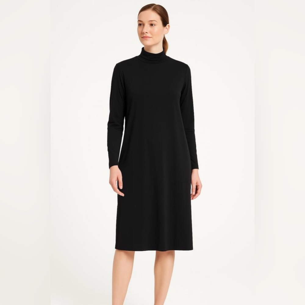 Eileen Fisher Women's Long Sleeve Knee Length Mock Neck Dress in Black - Size XS